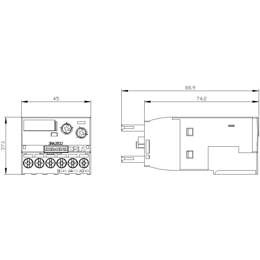 Disegno tecnico di un relè con dimensioni in millimetri: larghezza 45 mm, altezza 37 mm, lunghezza 88,9 mm. Mostra la vista frontale e laterale.