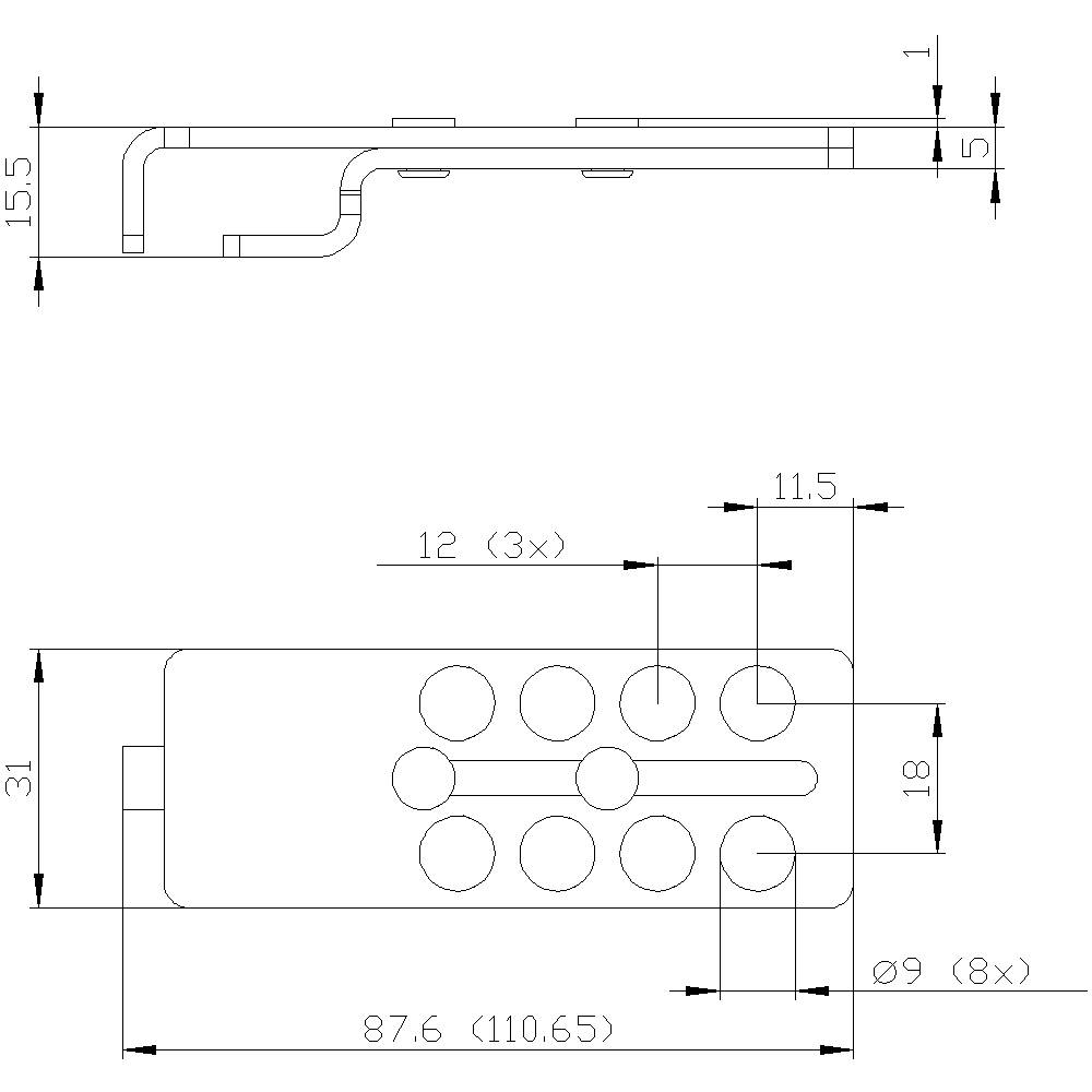 Disegno tecnico di un pezzo metallico con dimensioni: lunghezza 87,6 mm, larghezza 31 mm, altezza 15,5 mm; contiene aperture circolari e piegature.