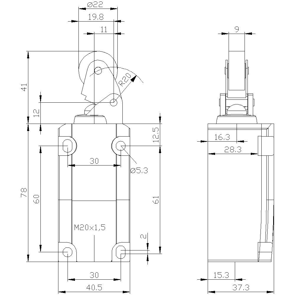 Disegno tecnico di un componente rettangolare con misure in millimetri. Mostra la vista frontale e laterale con dimensioni dettagliate.
