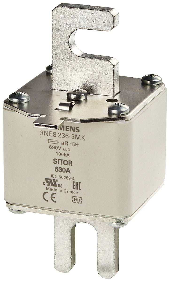 Un elemento di sicurezza quadrato con contatti metallici, 'Siemens 3NE8236-3MK STOR 630A', per la protezione elettrica a 690V.
