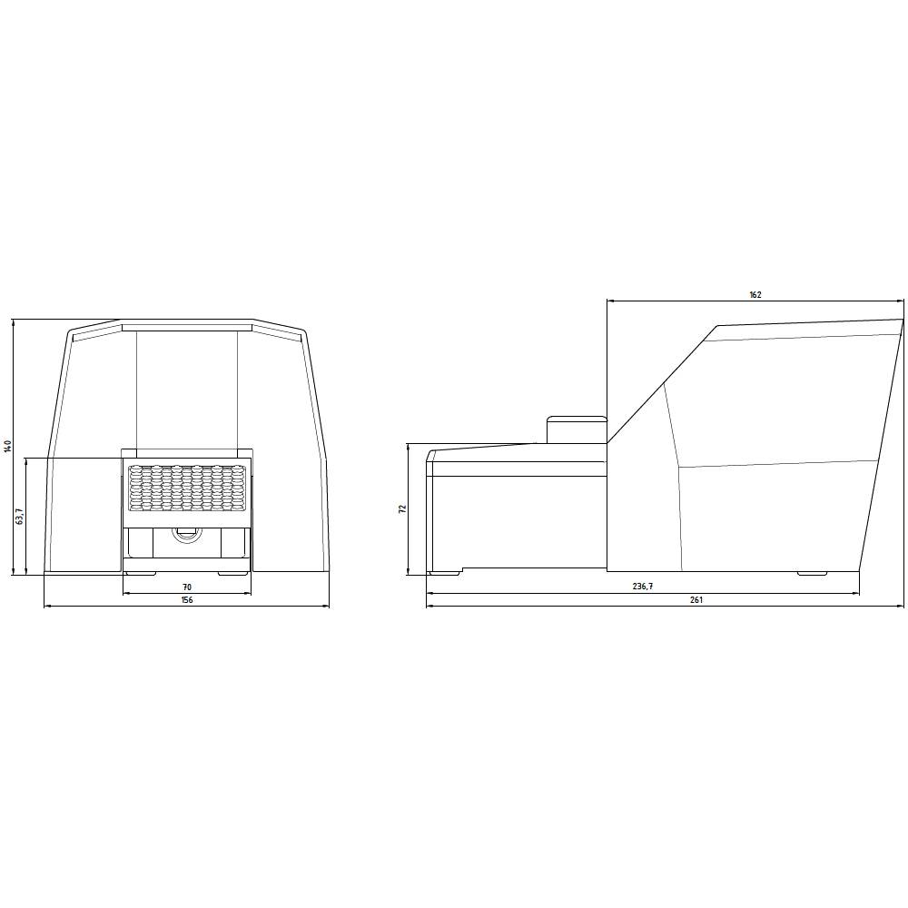 Disegno tecnico di un dispositivo con due viste: frontale e laterale. Dimensioni e forma sono rappresentate in modo dettagliato.