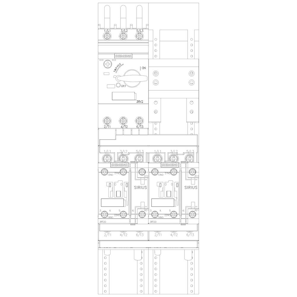 Schema elettrico di un quadro elettrico con più interruttori e componenti, contrassegnati con 'SIRIUS'. Interruttore principale in alto a sinistra.