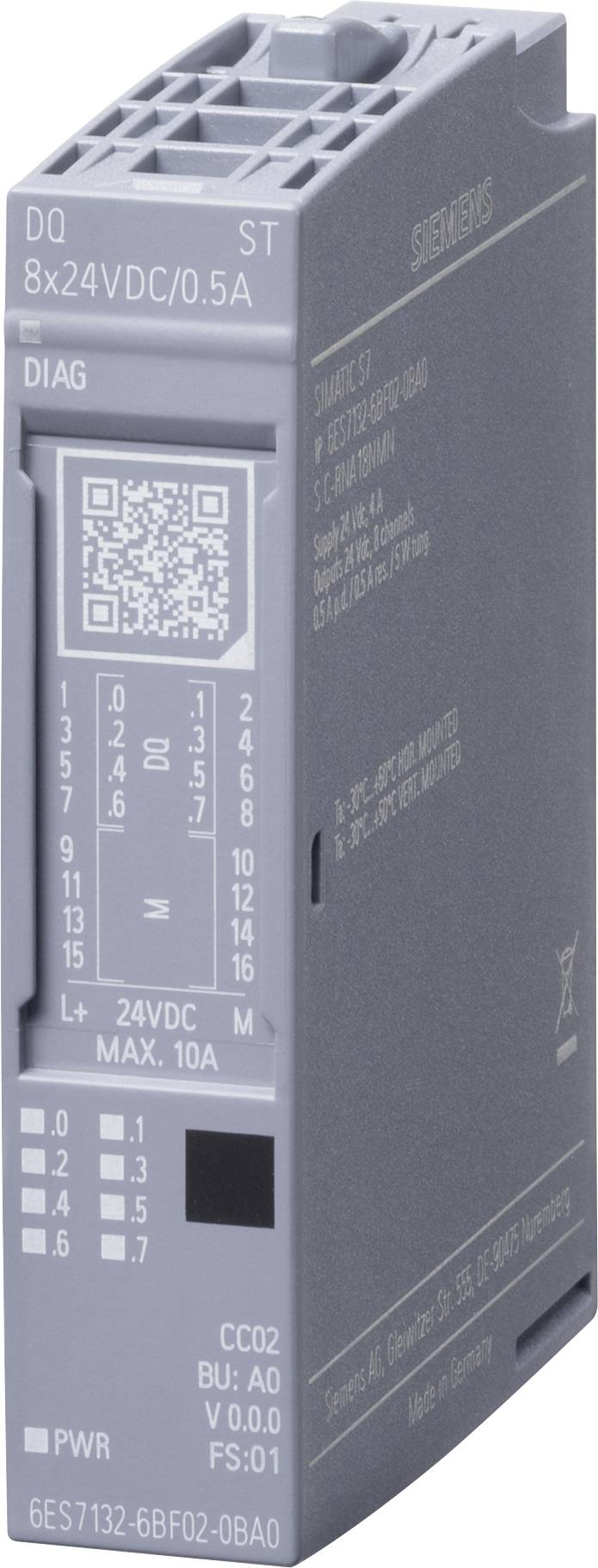 'Modulo di automazione industriale Siemens 8x24VDC/0.5A, modello '6ES7132-6BF02-0BA0', visualizza informazioni diagnostiche e dettagli dell'alimentazione elettrica.