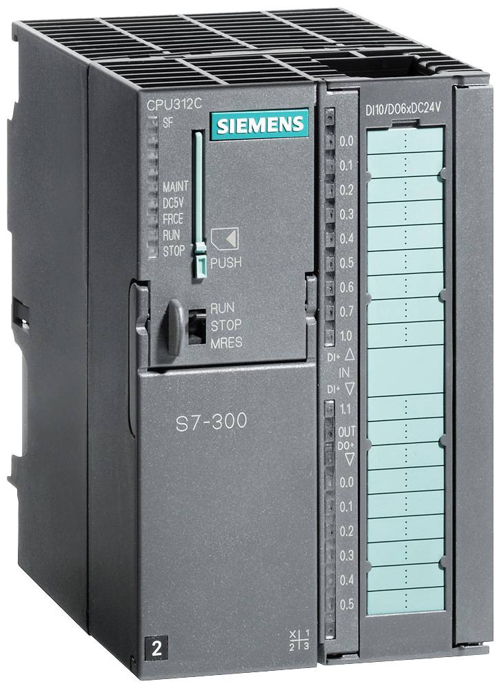 Un modulo di controllo Siemens S7-300, numero di modello CPU 312C, con diversi ingressi e uscite per l'automazione industriale.