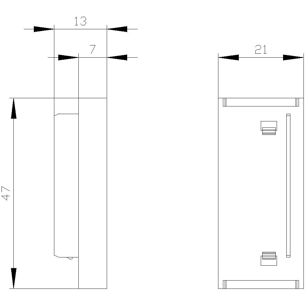 Disegno tecnico di un oggetto rettangolare con dimensioni: larghezza 13, altezza 47, profondità 21 e un'area evidenziata di 7.