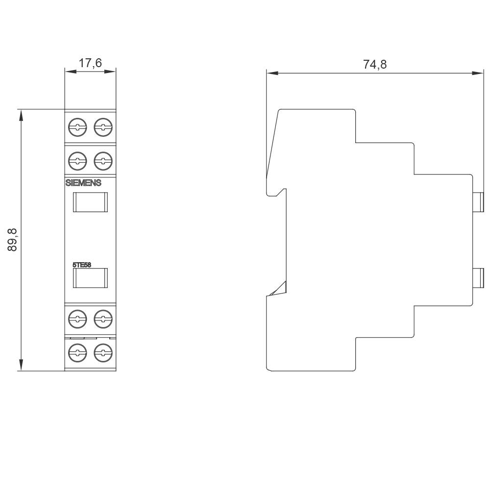 Disegno tecnico di un prodotto Siemens. Dimensioni: 17,6 mm di larghezza, 89,8 mm di altezza, 74,8 mm di profondità. Vista frontale e laterale.