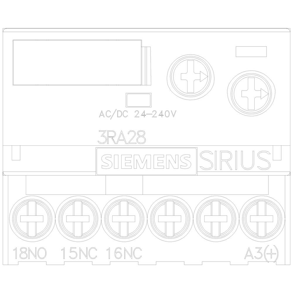 Un'immagine diagrammatica di un dispositivo di controllo Siemens SIRIUS 3RA28, idoneo per tensioni da 24 a 240V AC/DC con morsetti di connessione.