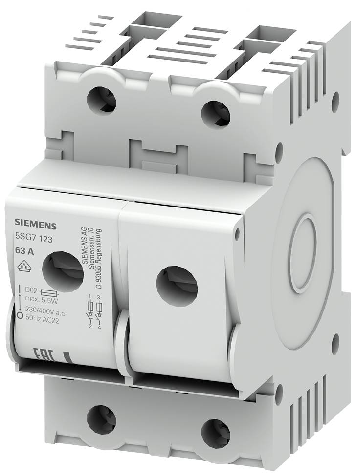 Interruttore automatico Siemens, modello 5SG7 123, 63A. Utilizzato per la protezione da sovracorrente e cortocircuito in impianti elettrici.