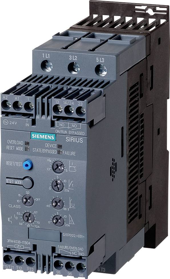 Contattore elettrico Siemens della serie Sirius, blu e grigio con diversi morsetti e comandi sulla parte frontale.