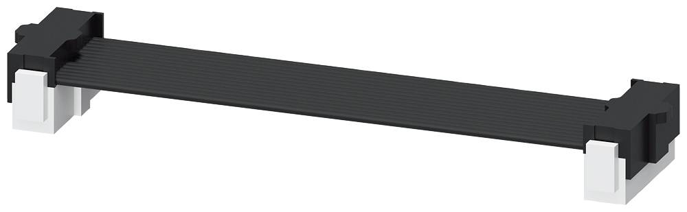 Un componente nero e rettangolare con estremità bianche, probabilmente un componente di connessione elettronica.