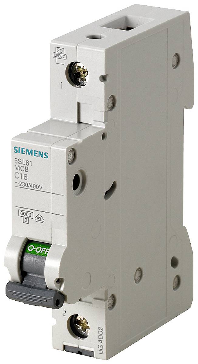 Un interruttore magnetotermico Siemens grigio con marcatura verde 'O-OFF' e specifiche tecniche riportate.