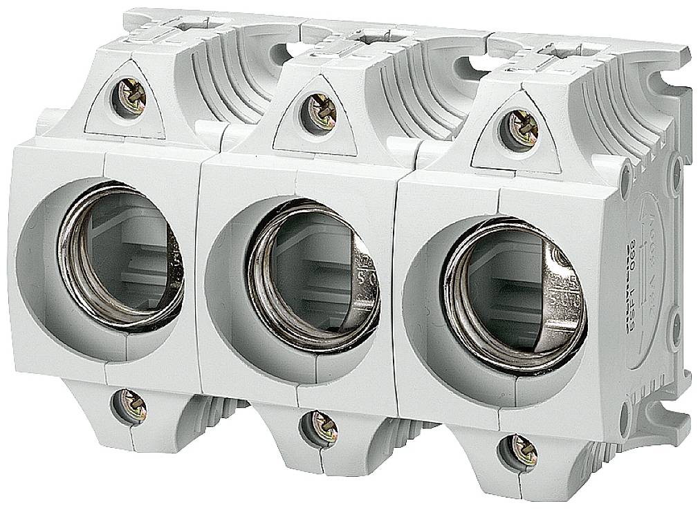 Portafusibili a tre poli in plastica bianca, idoneo per fusibili, utilizzabile nei circuiti elettrici per la protezione.