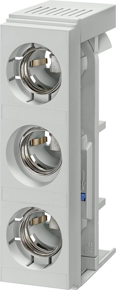 Tre portalampade verticali in un involucro di plastica grigio chiaro, idonei per componenti illuminanti speciali in quadri elettrici.
