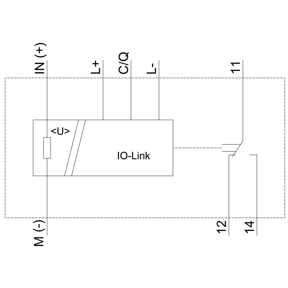 Il diagramma mostra l'interfaccia IO-Link. Ingressi: IN (+), M (-), L+, C/Q, L-. Uscita verso i contatti 11, 12, 14. Percorsi di connessione contrassegnati.