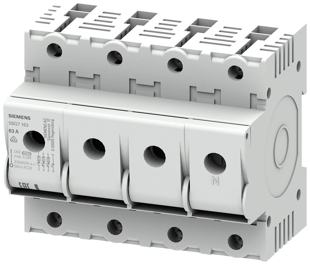 Un interruttore automatico tripolare Siemens in grigio-bianco. È adatto alla protezione e al controllo di circuiti elettrici.