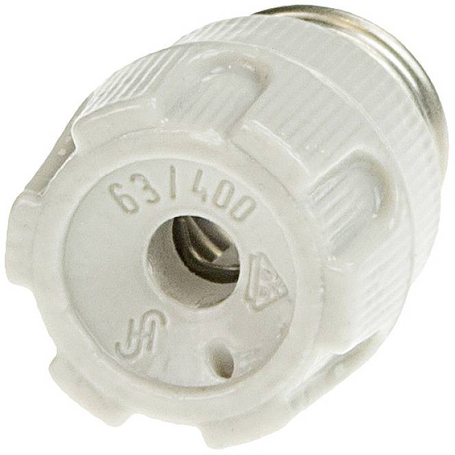 Un adattatore bianco, cilindrico, con la scritta '63 1400', simbolo Uir e un simbolo triangolare, utilizzato per connessioni elettriche.
