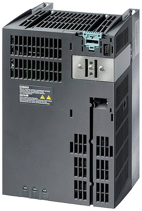 Azionamento industriale in involucro rettangolare con feritoie di ventilazione, un connettore blu in alto e un avvertimento del produttore.