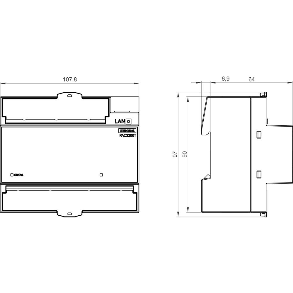 Disegno tecnico di un dispositivo elettronico con connessione LAN, vista dall'alto e laterale, dimensioni: larghezza 107,8 mm, altezza 97 mm.