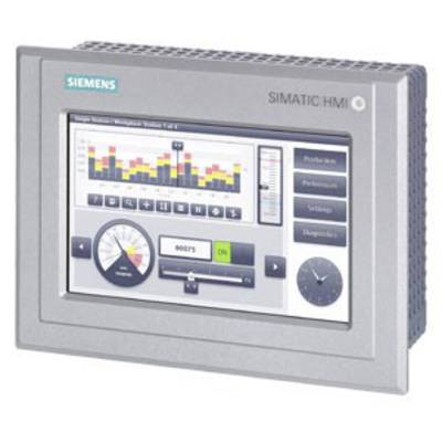 Display Siemens SIMATIC HMI mostra un grafico a barre a colori, un menu di impostazioni e un display con una manopola di regolazione e un orologio.
