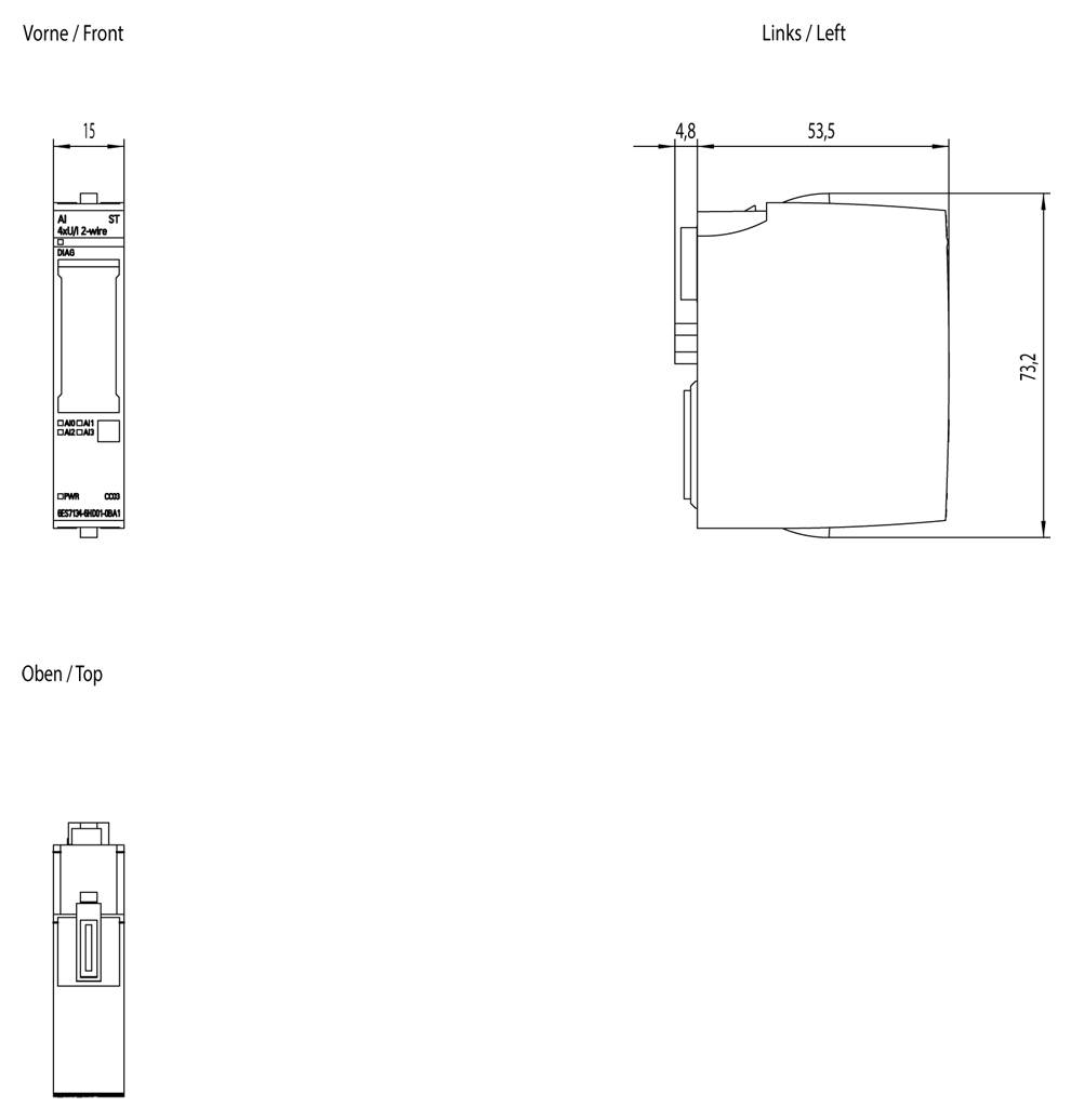 Disegno tecnico di un dispositivo con tre viste: frontale, laterale sinistra e dall'alto. Le dimensioni sono etichettate, evidenziando 4.8, 53.5, 15 e 73.2 unità.