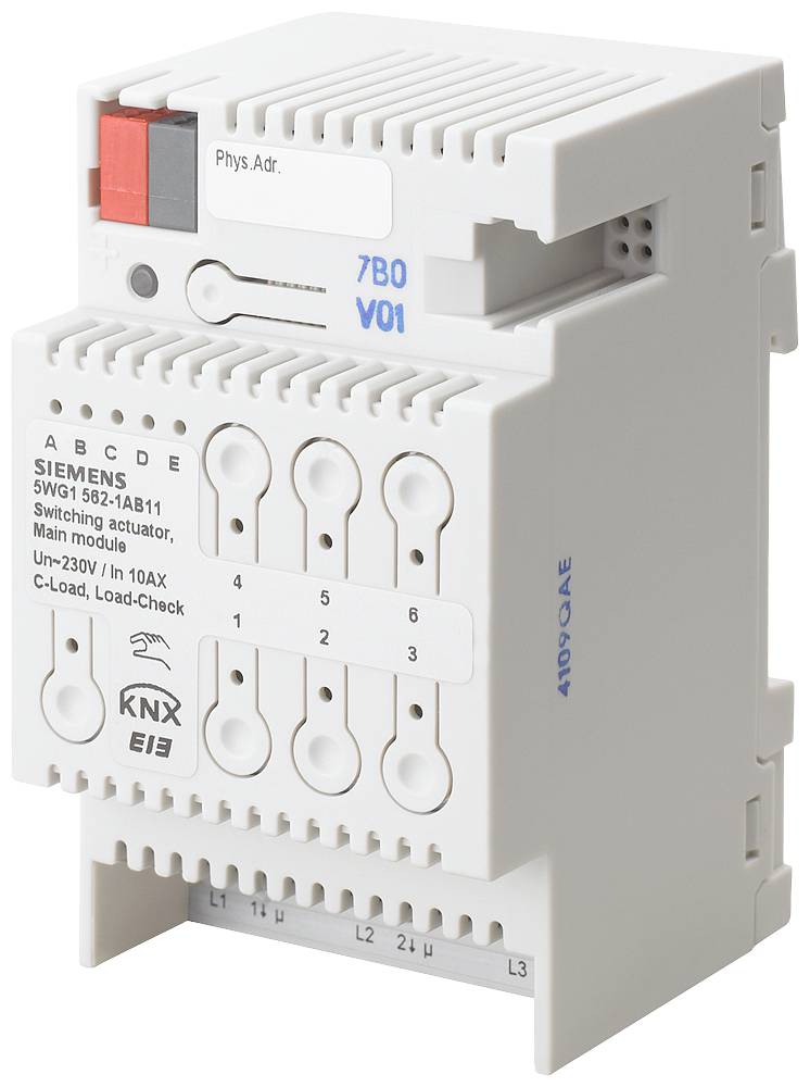 Un attuatore KNX bianco con la scritta 'SIEMENS 5WG1 562-1AB11'. Adatto per 230V e corrente di carico da 10A.
