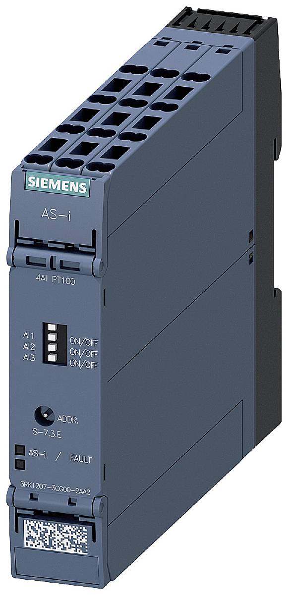 Un modulo Siemens AS-i per la tecnologia di controllo in un ambiente industriale, blu scuro con vari connettori e indicatori.