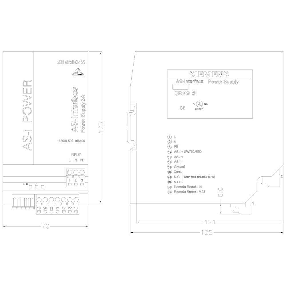 Disegno tecnico di un'alimentazione Siemens AS-i. Mostra la vista frontale e laterale con dettagli di connessione e dimensioni.