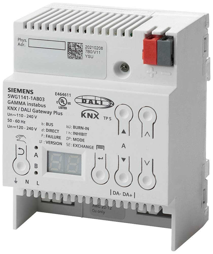 Dispositivo elettronico Siemens, numero di modello 5WG1141-1AB03, un gateway KNX/DALI. Principalmente utilizzato per il controllo dell'illuminazione in edifici.