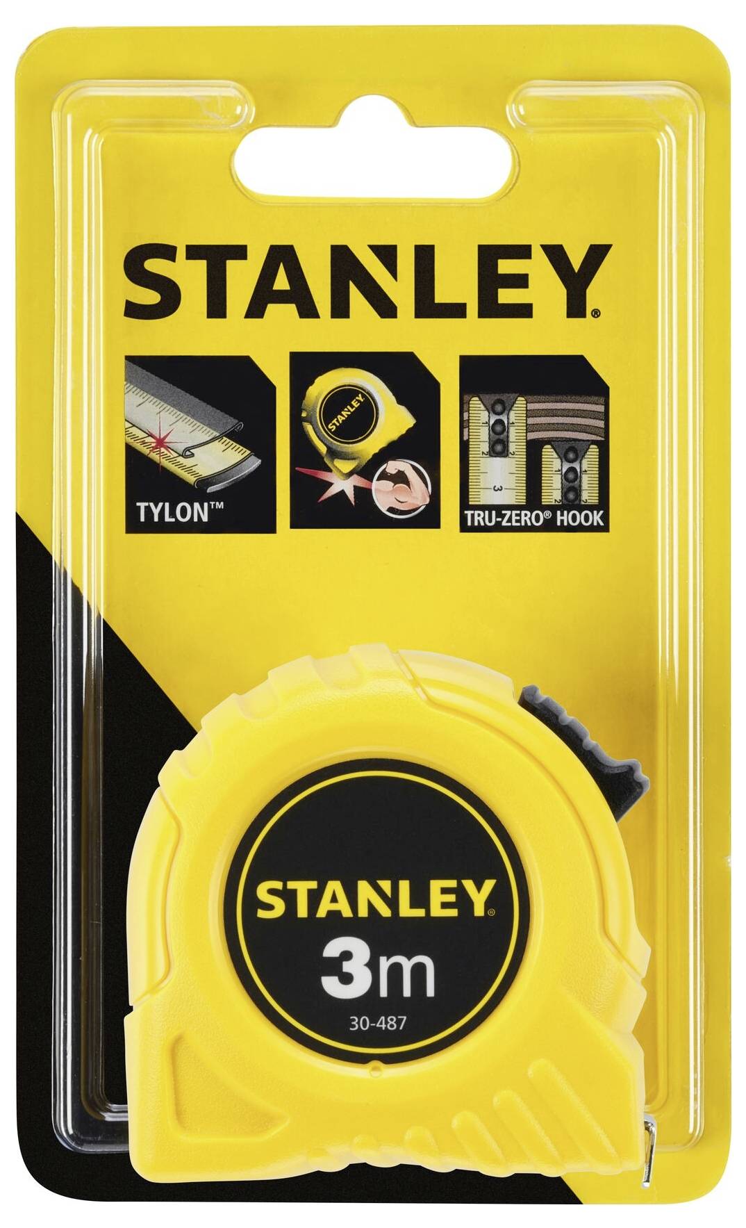 Nastro metrico Stanley giallo, 3 metri, in confezione. Caratteristiche del prodotto: rivestimento 'Tylon' per la durabilità e gancio 'Tru-Zero'.