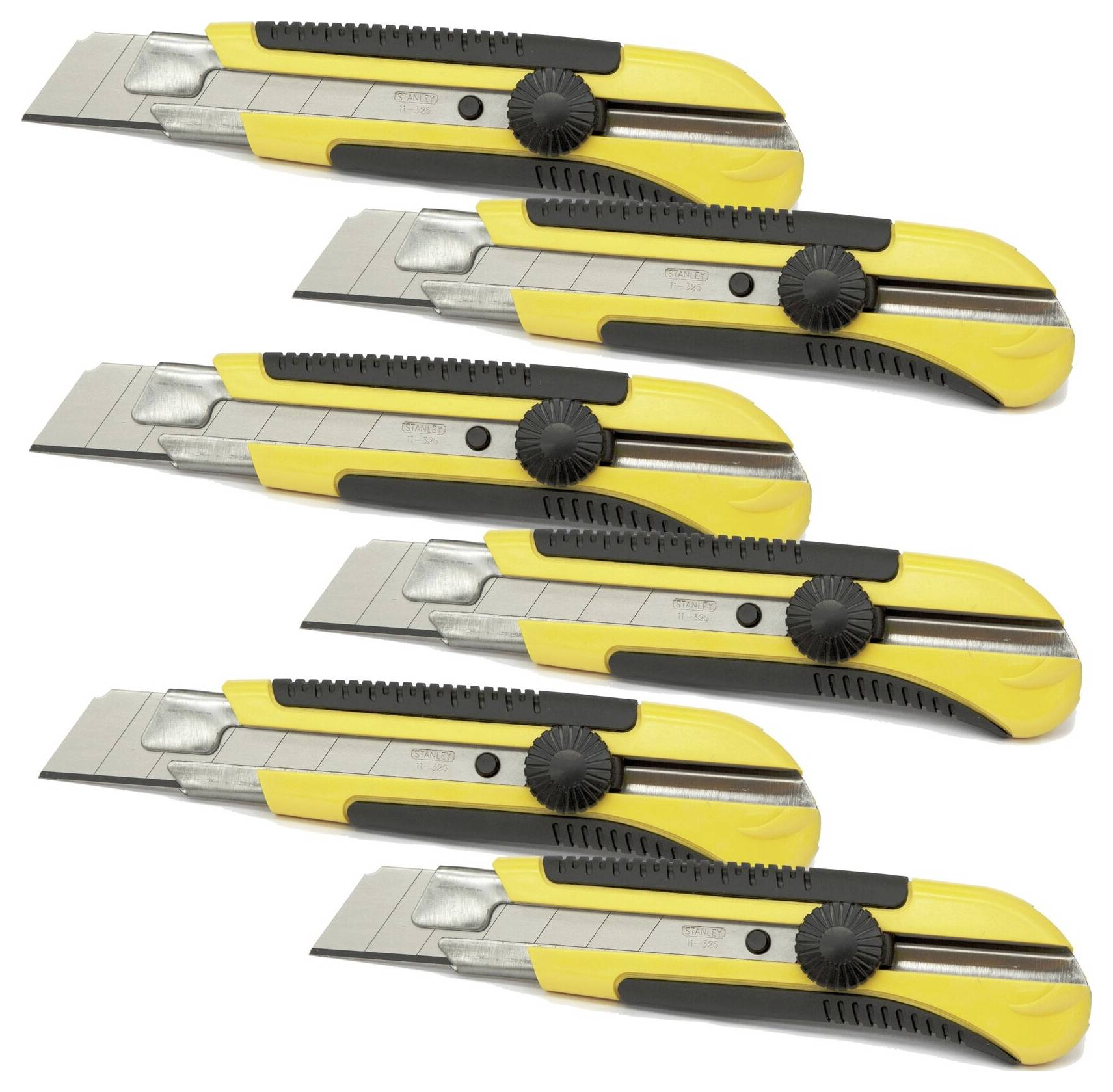 Cinque taglierini giallo-neri, posizionati uno accanto all'altro con le lame estratte, su sfondo bianco.