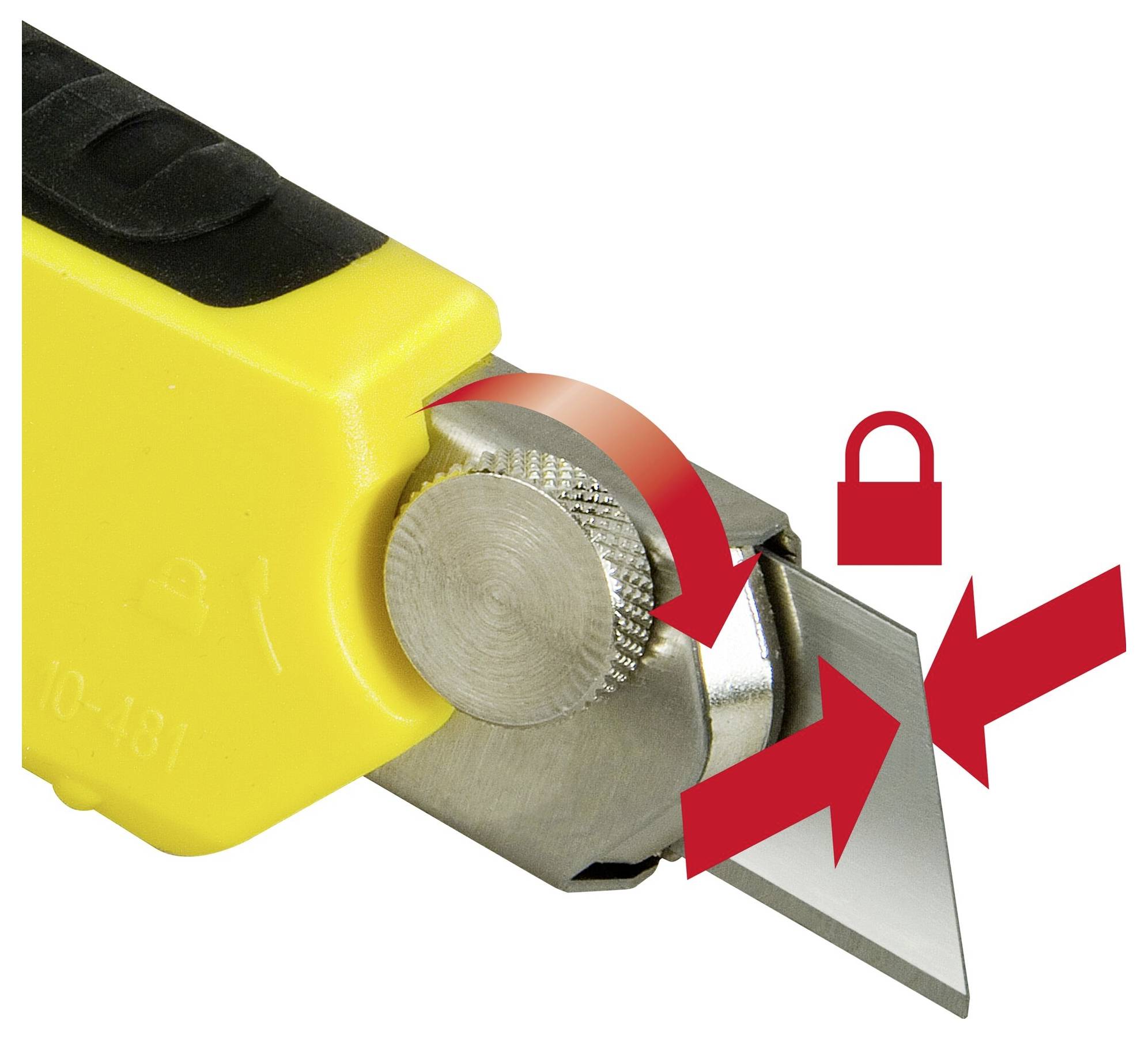Un cutter giallo con lama estraibile e una freccia rossa indica il pulsante per regolare la lunghezza della lama. Simbolo di sicurezza accanto.