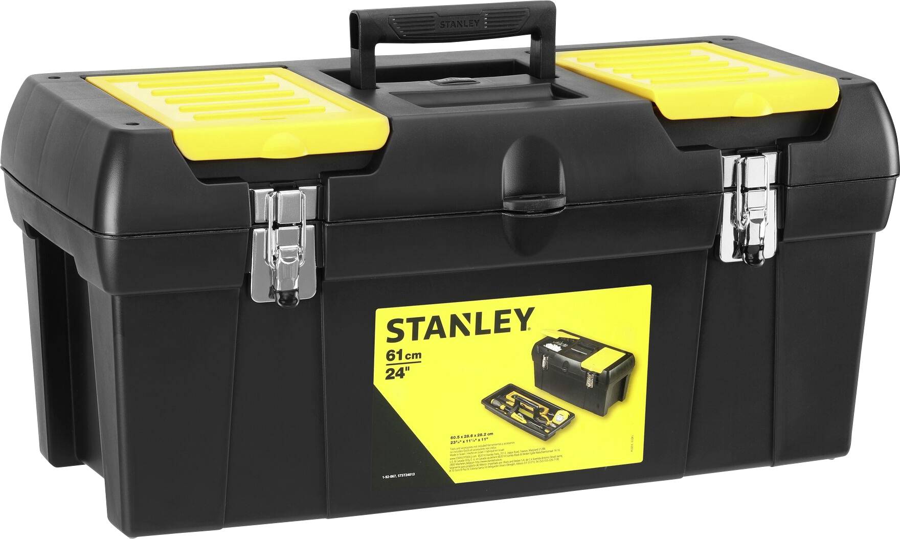 Cassetta degli attrezzi nera con dettagli gialli e chiusure metalliche, marca 'Stanley', 61 cm, offre spazio di archiviazione per utensili.