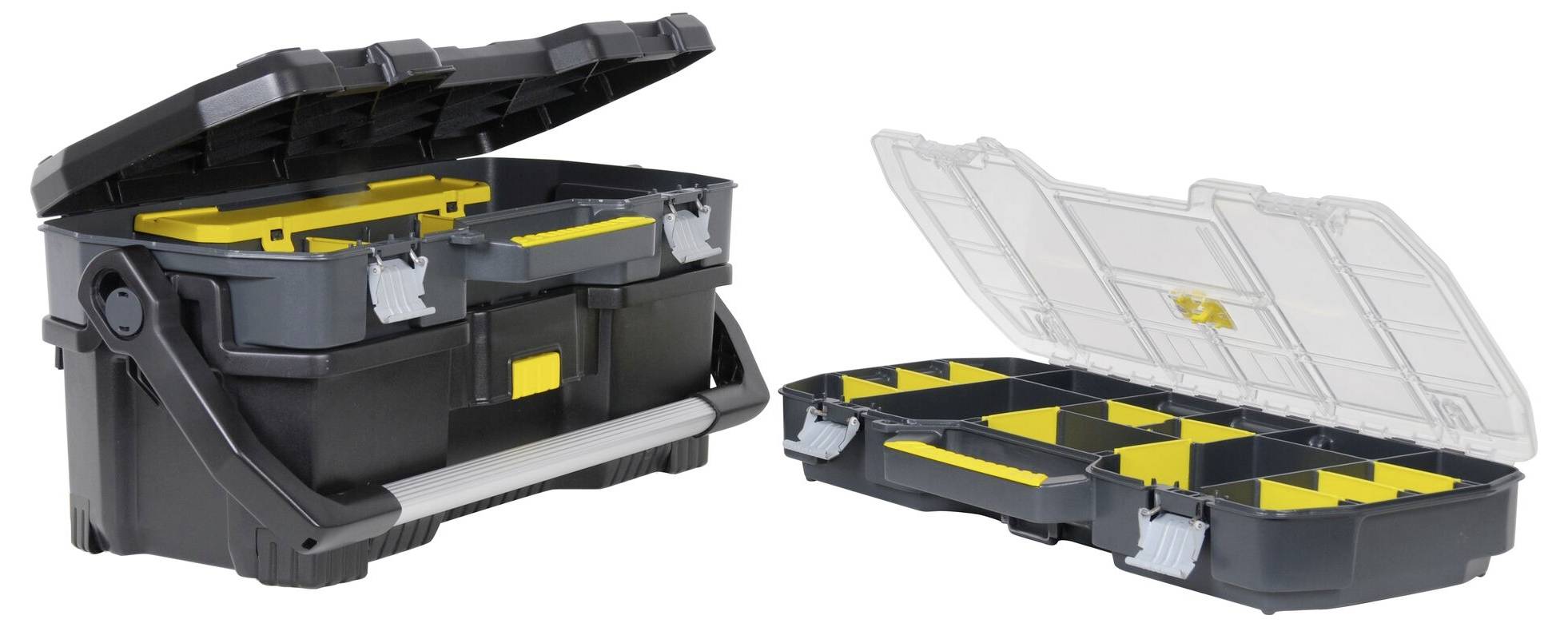 Un trolley nero per attrezzi con il coperchio aperto mostra scomparti gialli. Accanto si trova una scatola separata, più piccola, con coperchio trasparente.