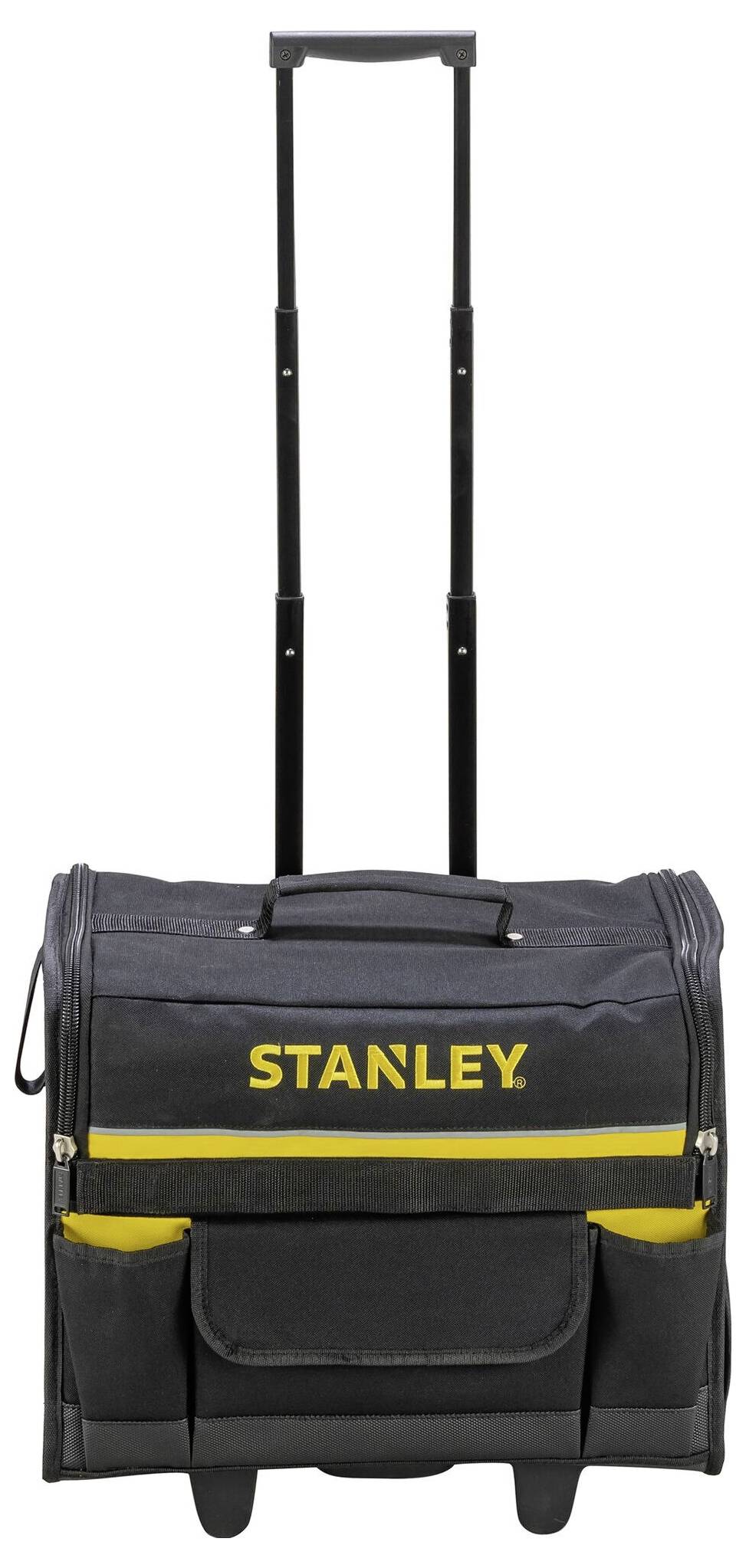Borsa porta attrezzi nera con ruote, logo giallo 'Stanley' e manico telescopico. Dispone di diversi scomparti per gli utensili.