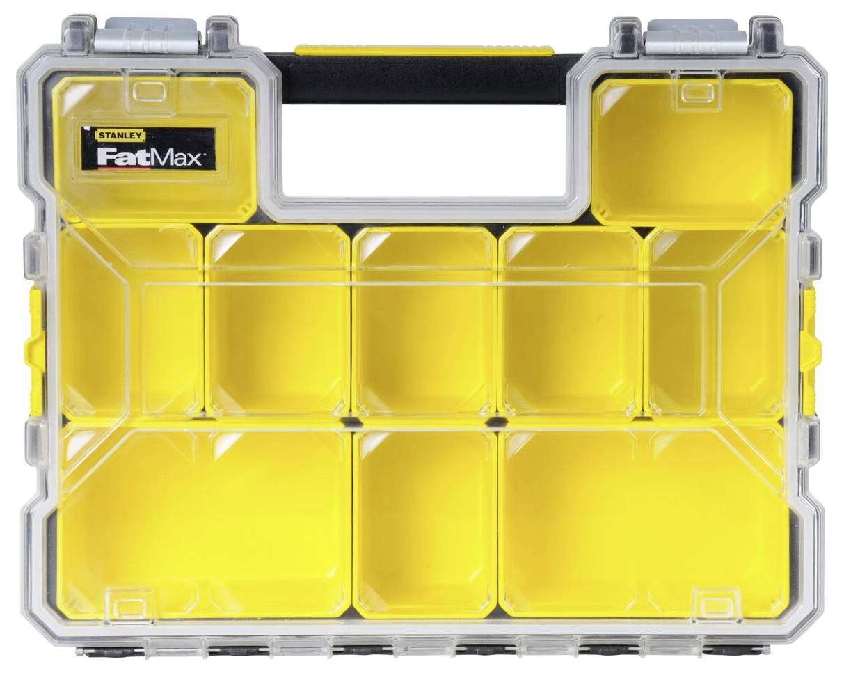 Scatola portautensili gialla con coperchio trasparente e nove scomparti, ideale per conservare piccoli attrezzi o componenti. Il marchio 'FatMax' è indicato in alto a sinistra.