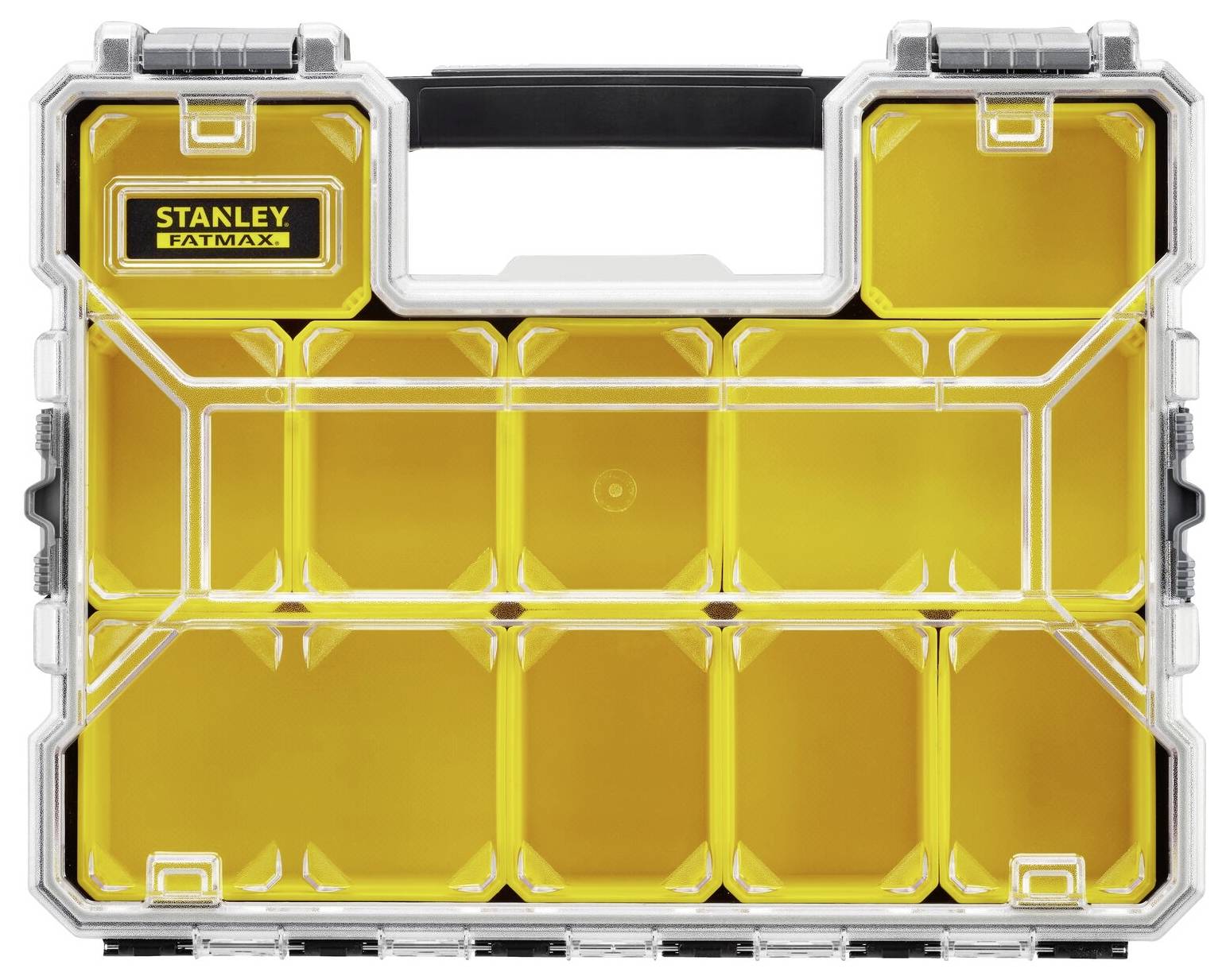 Un cassetta degli attrezzi gialla con coperchio trasparente e dieci scomparti, in alto a sinistra sono visibili le parole 'Stanley Fatmax'.