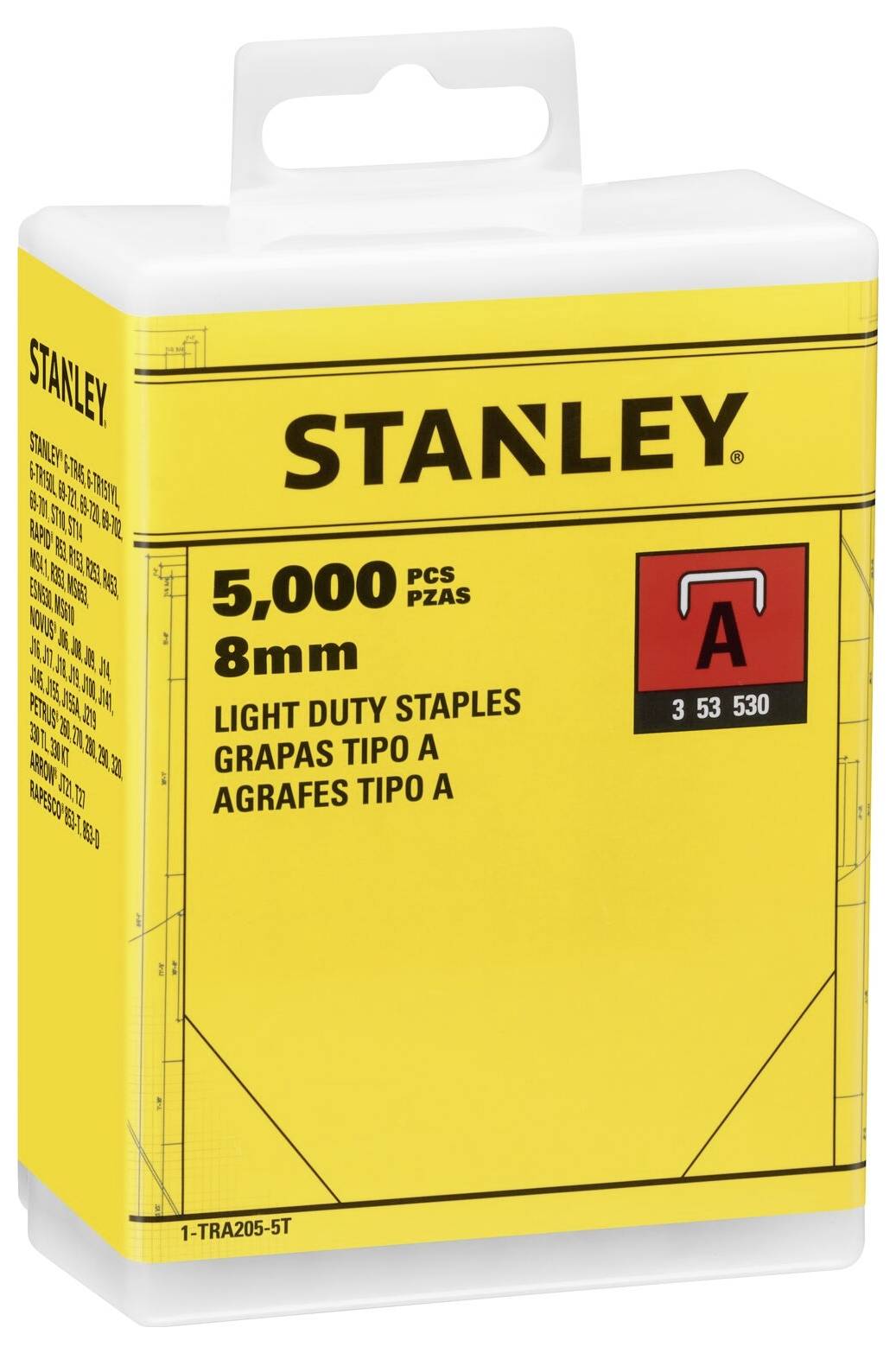 'Stanley 5.000 graffette leggere, Tipo A, 8mm'. Confezione gialla con informazioni sul prodotto e un'illustrazione di una graffetta.