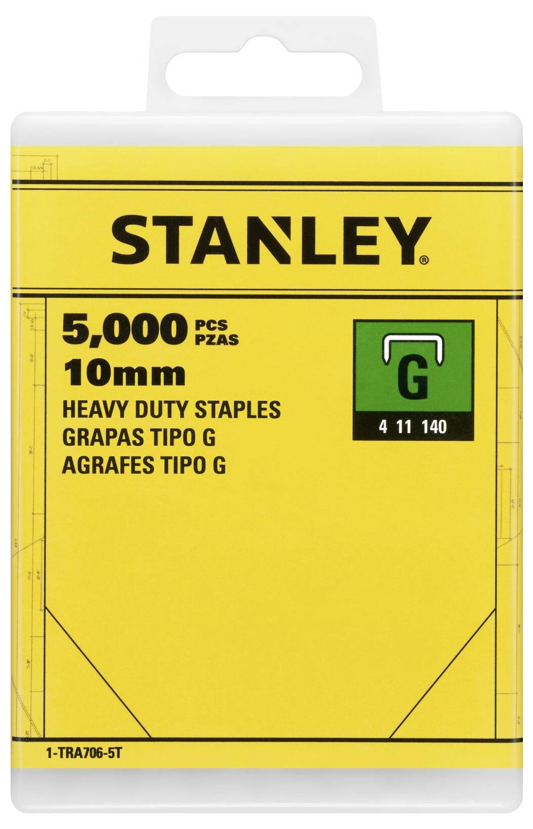 Un pacchetto di 5.000 graffette robuste Stanley, tipo G, da 10 mm. Adatte per applicazioni pesanti.