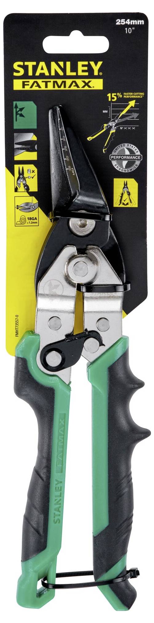 Forbice universale Stanley Fatmax, impugnatura verde-nera, confezione gialla tipica, adatta per il taglio rapido di metalli e altri materiali.