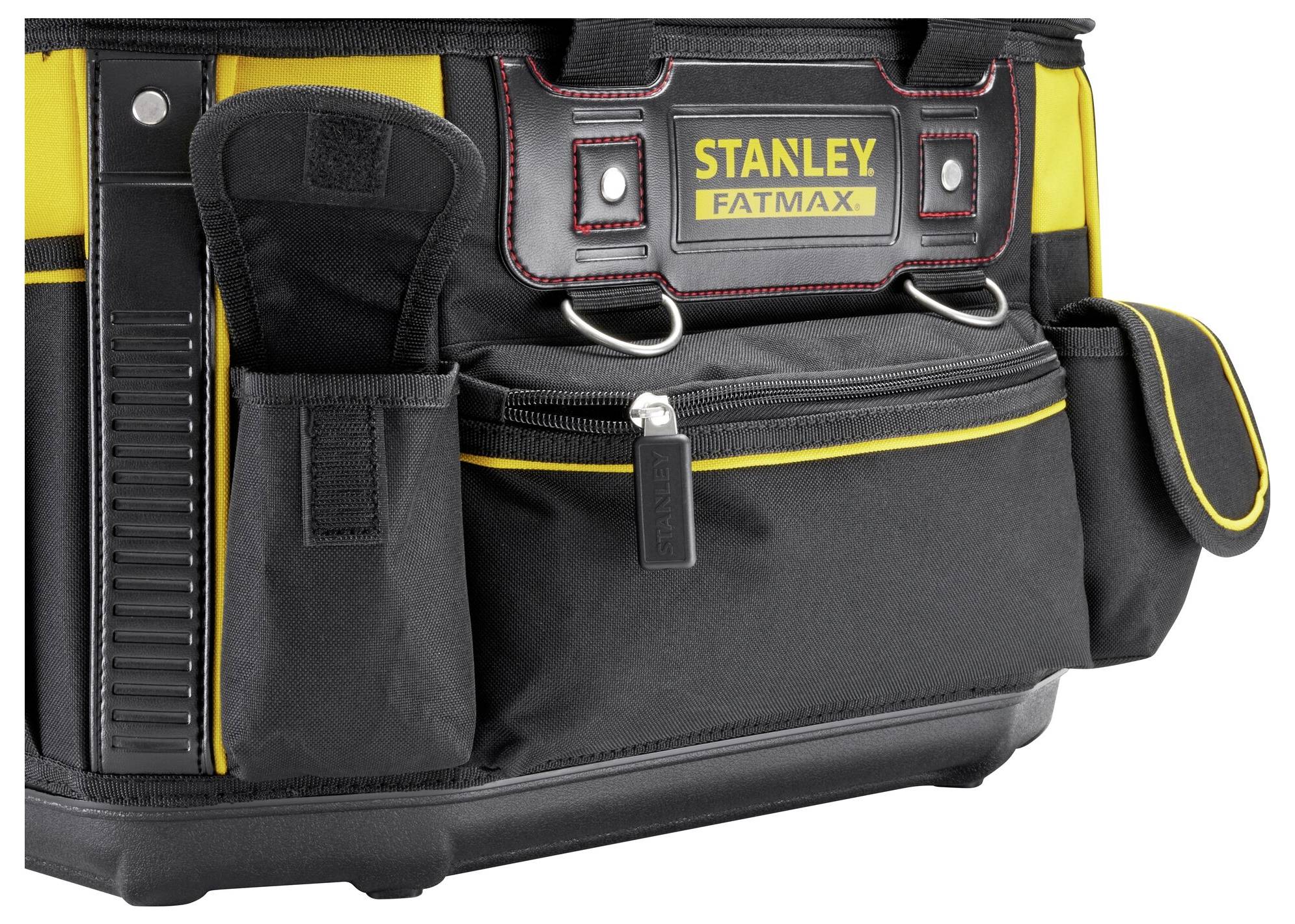 Una borsa porta attrezzi marca Stanley Fatmax in nero e giallo, con più scomparti e una zip anteriore.