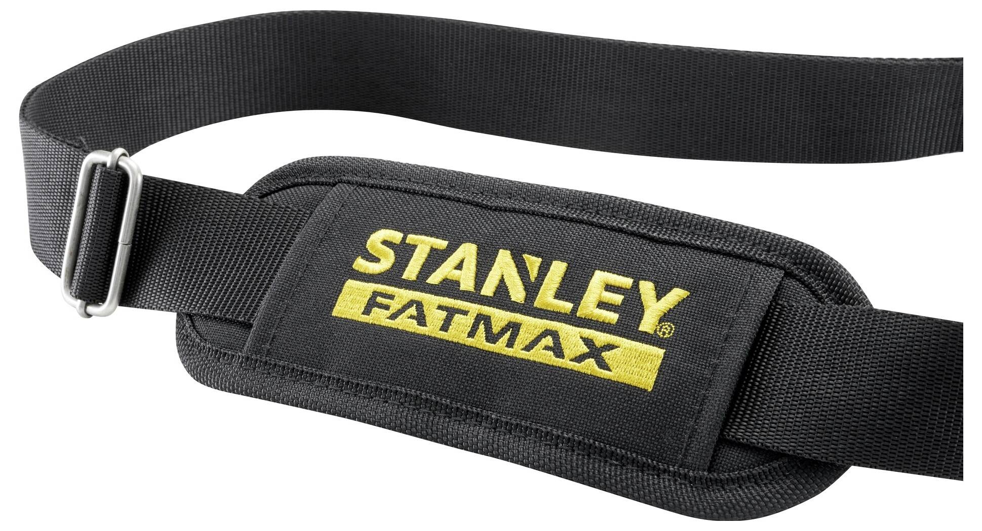 Tracolla nera con logo giallo 'STANLEY FATMAX', adatta per l'utilizzo con borse degli attrezzi o valigette per un trasporto più agevole.