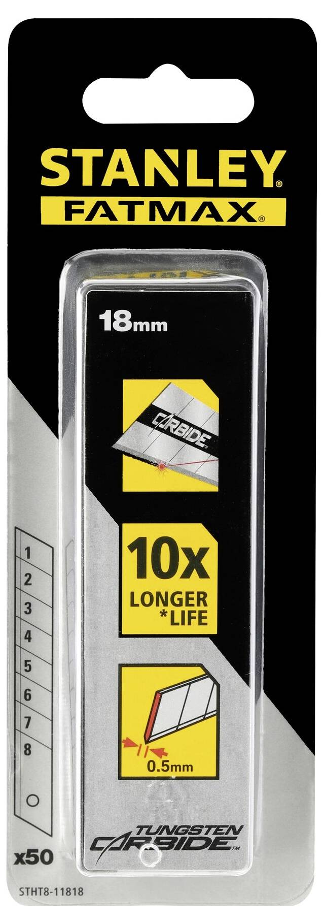 Confezione Stanley FatMax, lama da 18 mm, mostra una lama con '10 volte di durata più lunga' e illustrazioni delle caratteristiche della lama.