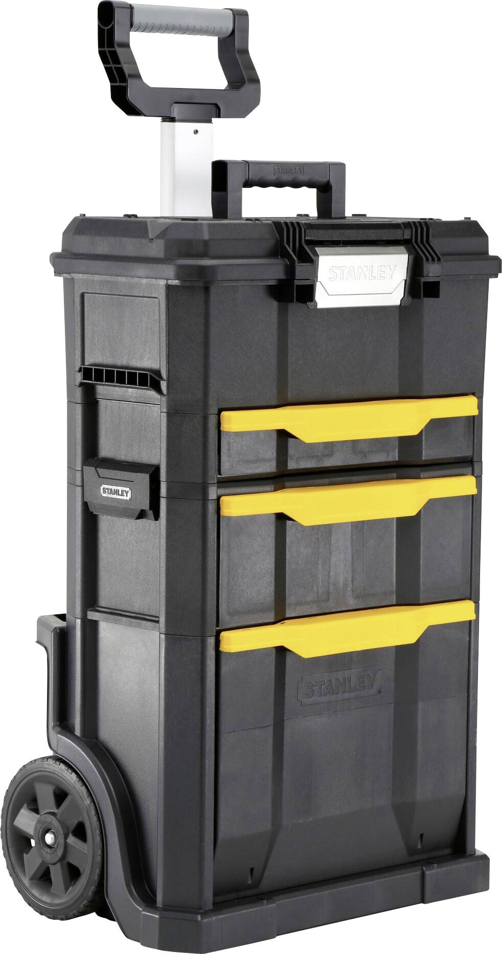 Un trolley porta attrezzi nero con dettagli gialli e diversi scomparti. Manico regolabile per un trasporto agevole.