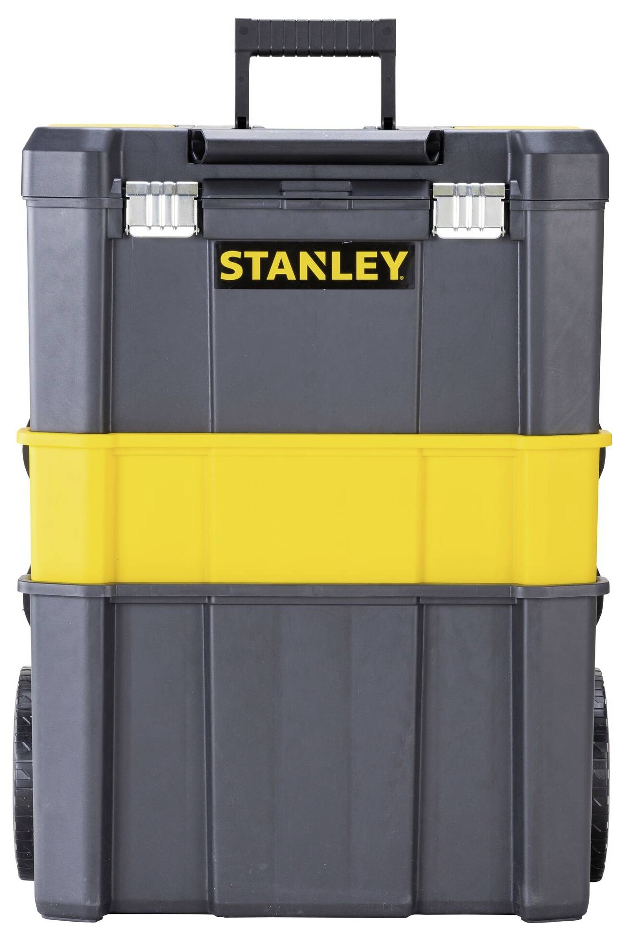 Grande cassetta degli attrezzi mobile in plastica robusta color grigio scuro con parte centrale gialla, marchio 'STANLEY' visibile sul lato frontale.