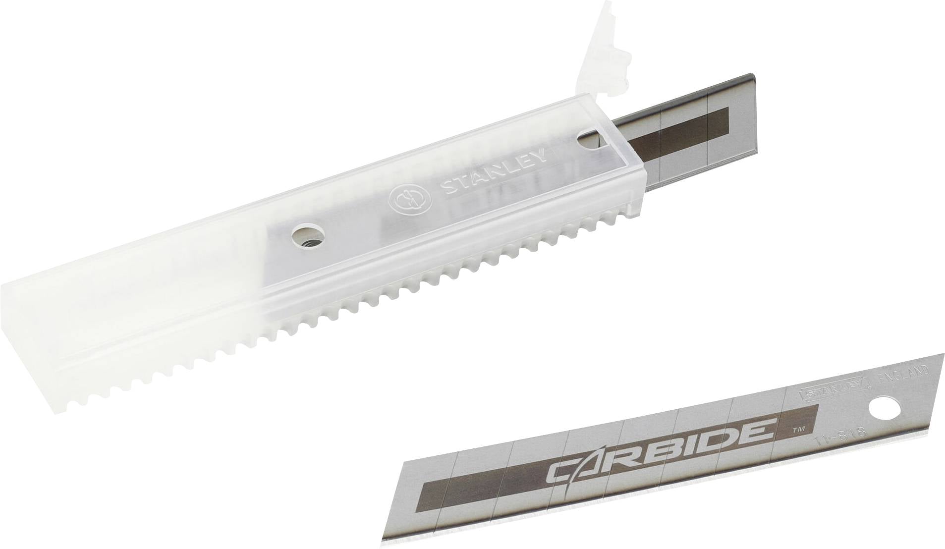 Un supporto trasparente in plastica con lama estraibile e una lama di ricambio separata 'CARBIDE' sono posizionati uno accanto all'altra.