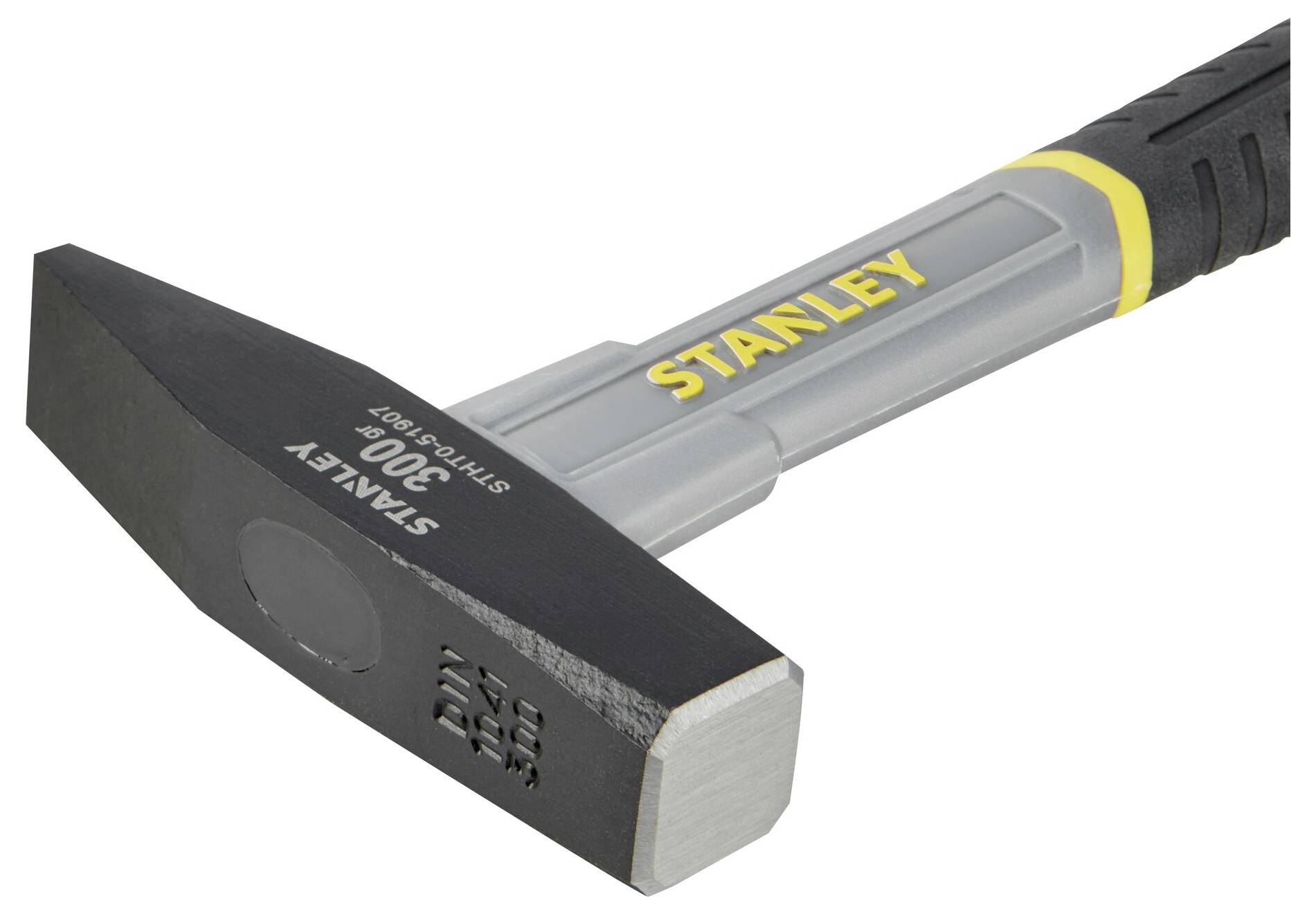 Un martello grigio con testa nera e logo 'STANLEY' giallo sul manico. La testa riporta '300G' e 'STYLO 54 087'.