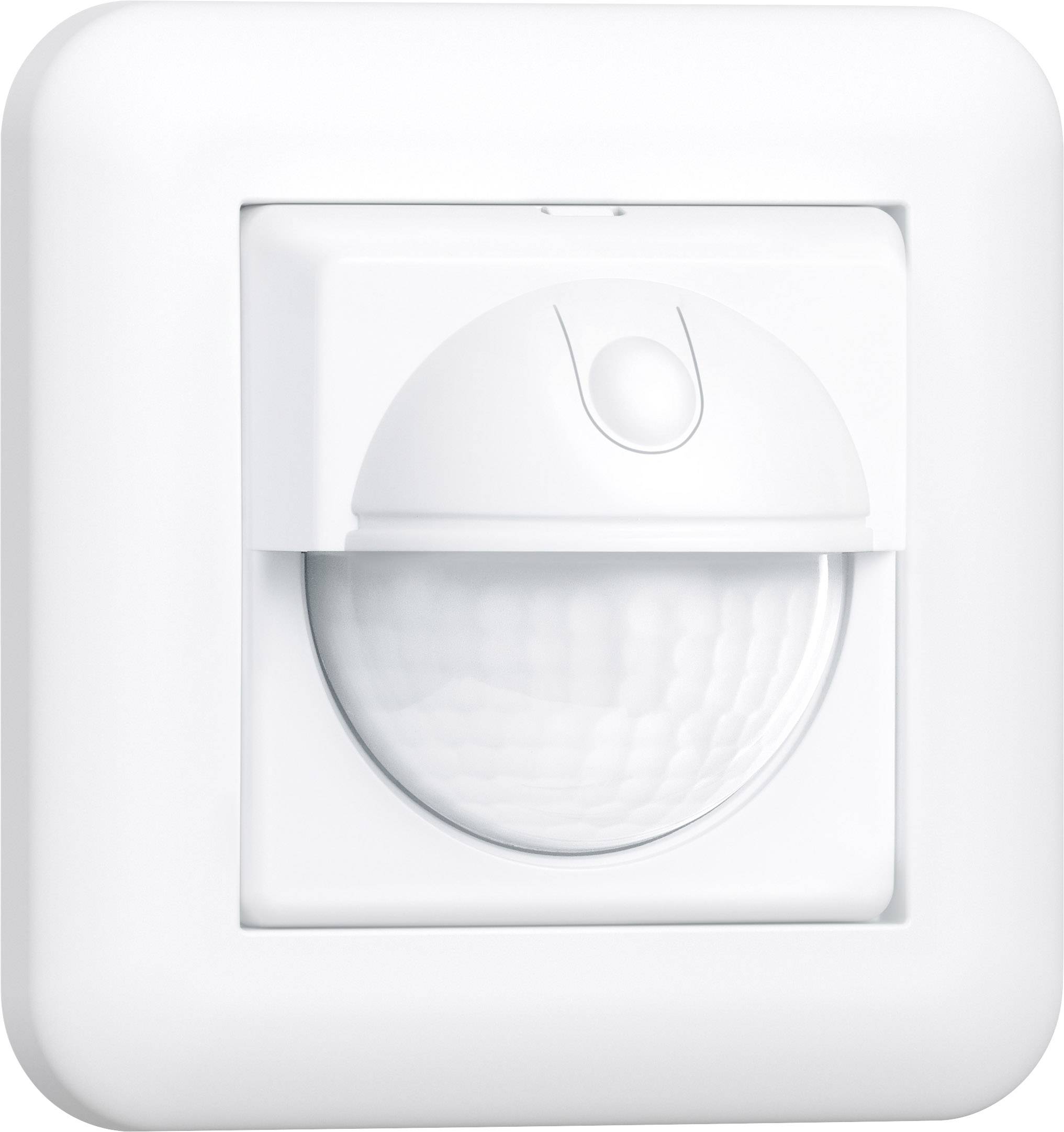 Un interruttore a parete bianco e quadrato con rilevatore di movimento integrato per il controllo automatico dei sistemi di illuminazione.