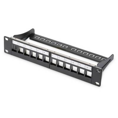 Un pannello di permutazione vuoto con dodici porte numerate, idoneo per la cablatura di rete in un rack IT.