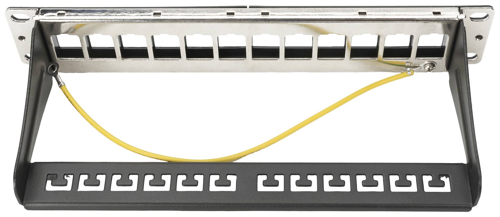 Una barra di terra con più fori di connessione e un cavo di terra giallo collegato, montata su un supporto metallico.