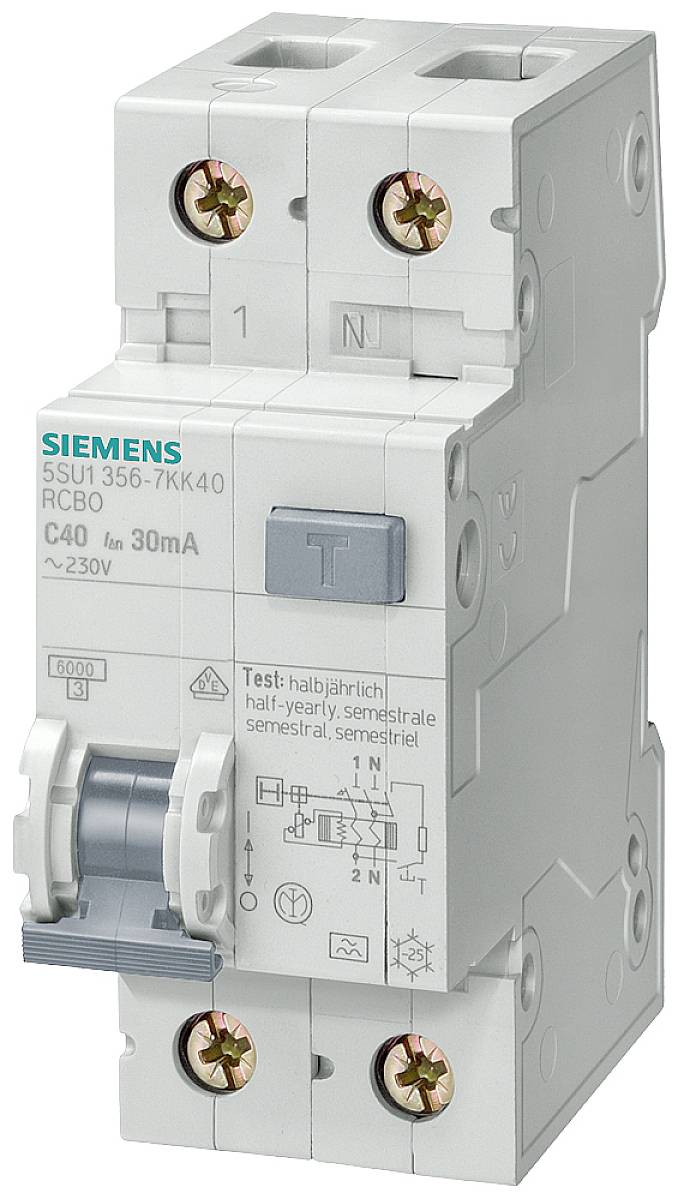 Siemens interruttore magnetotermico differenziale C40, 30mA, 230V, con funzione di test. Principalmente utilizzato in quadri elettrici di distribuzione.